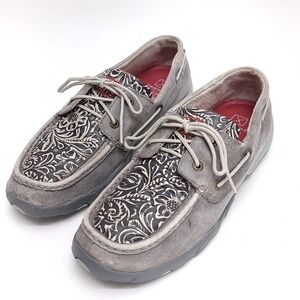 Twisted X Womens Tooled Boat Shoes Size 10 Gray Leather Moc Toe Western